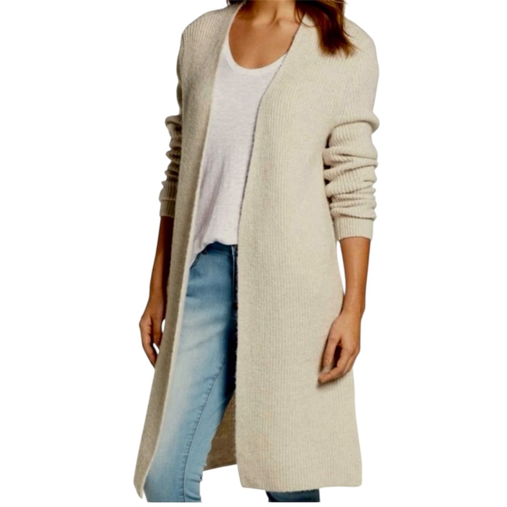 Halogen Long Ribbed Wool Blend Cardigan in Beige, Size Small